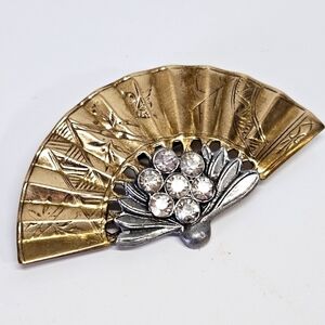 VINTAGE Rare Miriam Haskell Unsigned Two Tone Brass Rhinestone Fan Brooch Pin